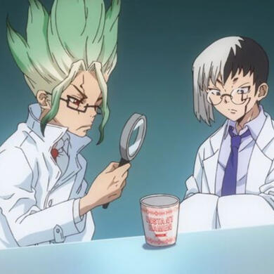 Senku and Gen examining ramen in lab attire